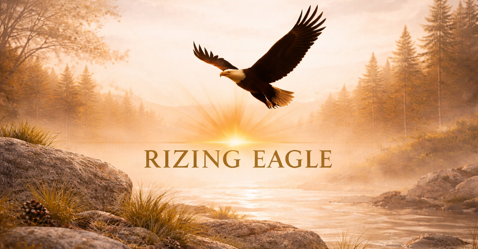 RIZING EAGLE™ - An eagle soaring at sunrise over a misty lake